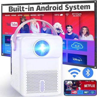 Projecteur Android 4K, mini projecteur 15 000 lumens avec WiFi et Bluetooth, intérieur et extérieur 4K max 300" compatible avec téléphone, clé TV, jeu, USB.